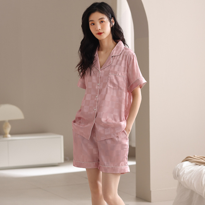 Ropa de dormir de seda helada a cuadros de jacquard recomendada, conjunto de pantalones de manga corta para mujer, ropa de casa para primavera y verano_voghion.com