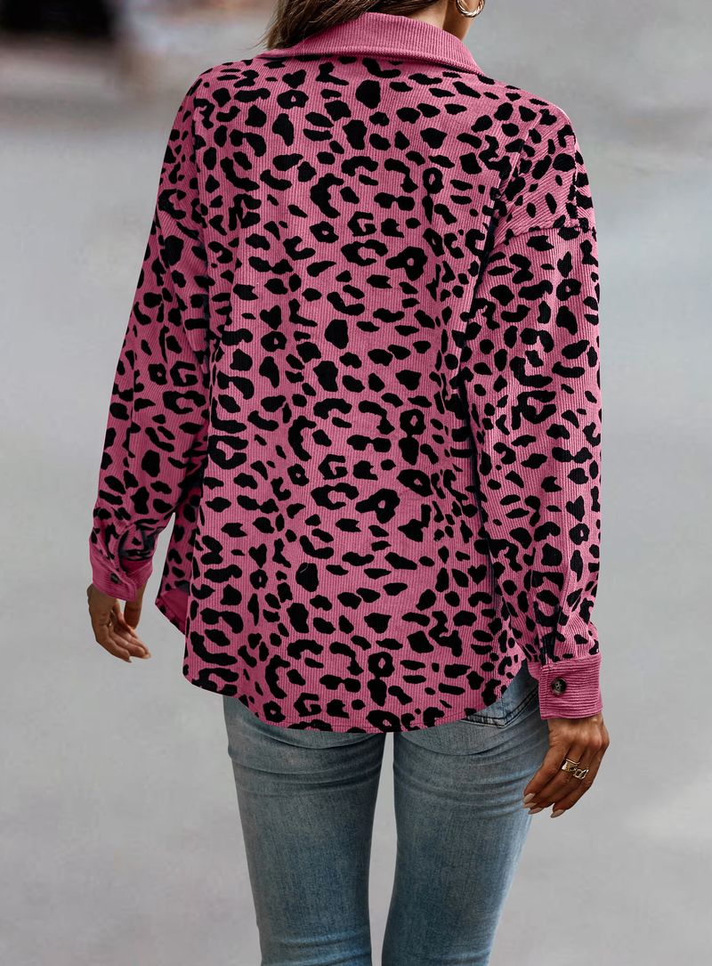 Women's Corduroy Leopard Print Jacket - Oversized Button-Up Long Sleeve Coat With Pockets (Multiple Colors, S-XXXL)_voghion.com