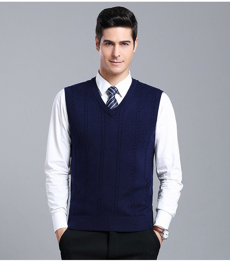 Men's Wool Blend Knit Vest, Solid Color Cable V-Neck Sleeveless Pullover, Casual Layering Piece For Autumn_voghion.com