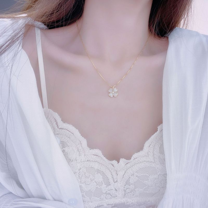 C428 Corea del Sud East Gate 14k Oro Occhio di Gatto Squisito Design a Quattro Foglie di Trifoglio Temperamento Semplice Clavicolare Femminile_voghion.com