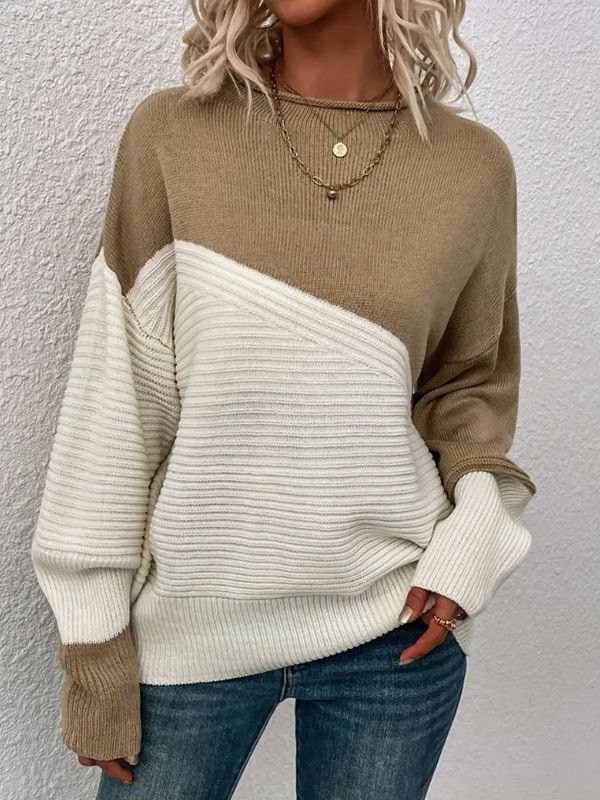 Women's Sweater Casual Loose Knitwear Color Matching Long Sleeve Round Neck Knitted Top_voghion.com