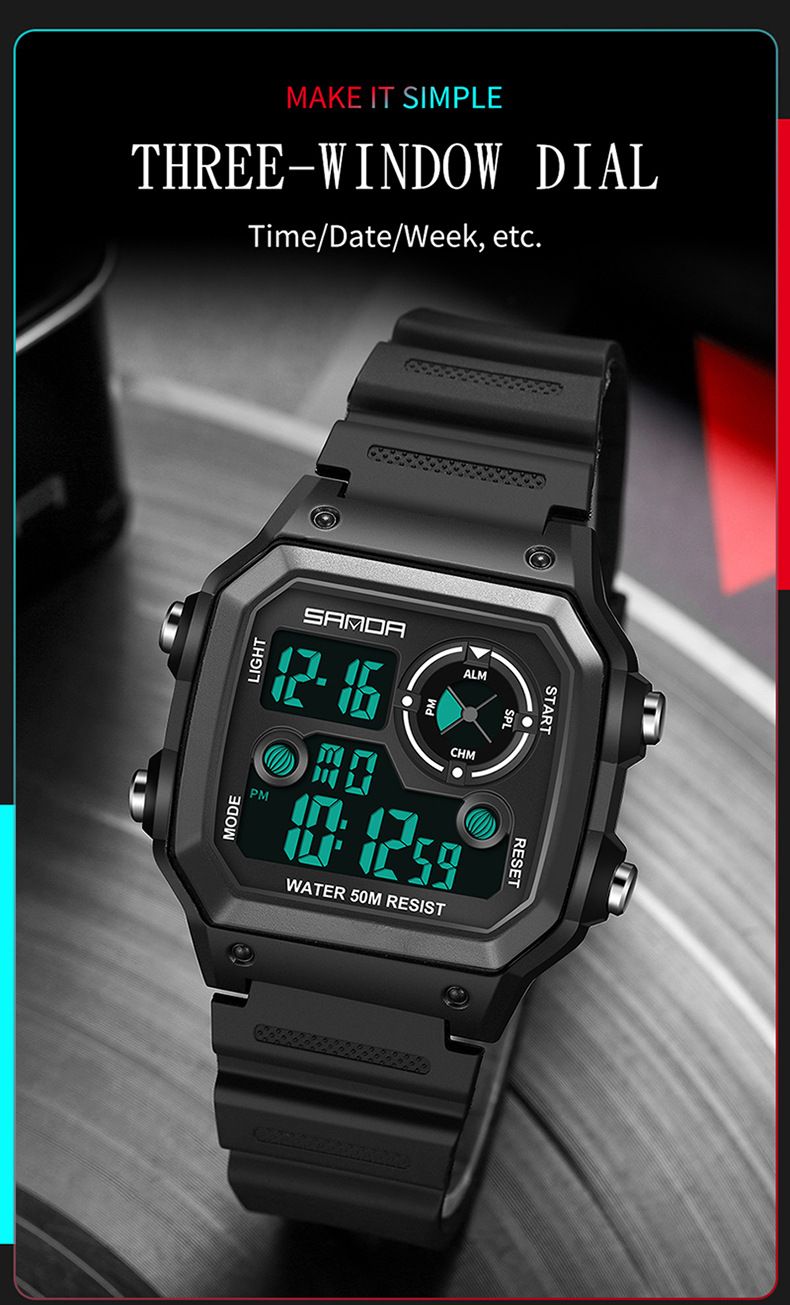 Digital Sports Watch With LED Backlight, Waterproof, Alarm, And Military-Grade Durability - Lightweight Resin Strap, Square Dial, 50M Water Resistance_voghion.com