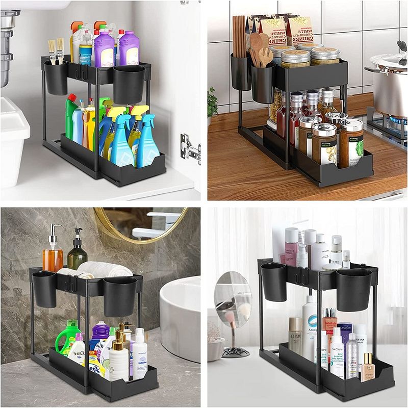 Organizator de bucătărie sub chiuvetă Rafturi de depozitare pentru baie cu 2 niveluri pentru coșuri organizatoare de colecție_voghion.com