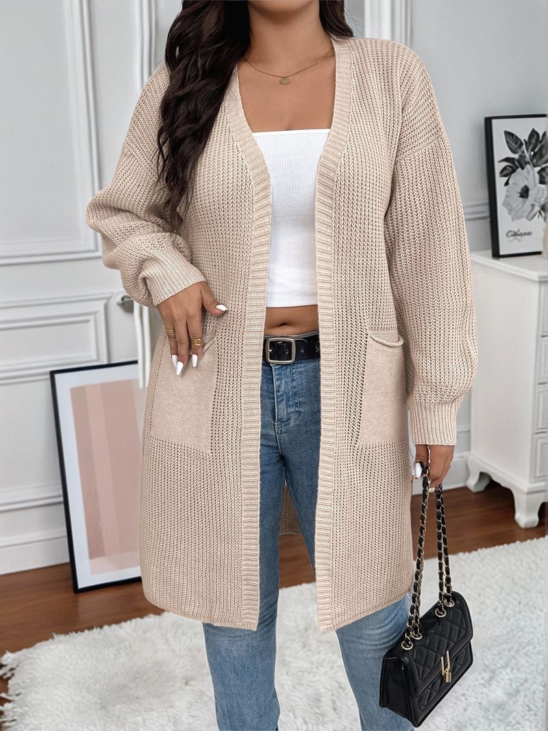 Oversized Longline Cardigan With Pockets – Relaxed V-Neck Open Front Knit Coat (Beige, Black, Brown, 0XL-3XL)_voghion.com