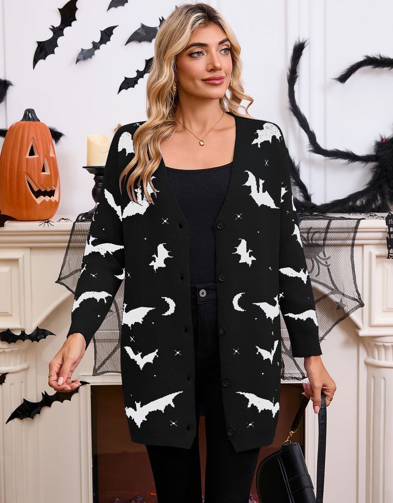 Casaco espanador jacquard Cyber Bat Cyber Bat Halloween 2025, cardigã grande de manga comprida com certificação OEKO-TEX® Classe II | Europeu_voghion.com