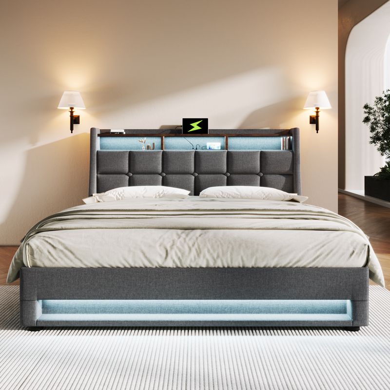Lit double 160 x 200 cm avec sommier à lattes métalliques et éclairage LED, revêtement en lin pour enfants ou adolescents (matelas non inclus)._voghion.com