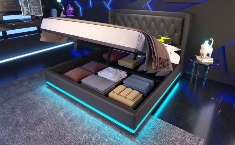 Lit double 160 x 200 cm, matelas en polyuréthane noir, lit coffre hydraulique avec chargement USB Type-C et éclairage LED sur 3 côtés, tête de lit rembourrée (matelas inclus)._voghion.com