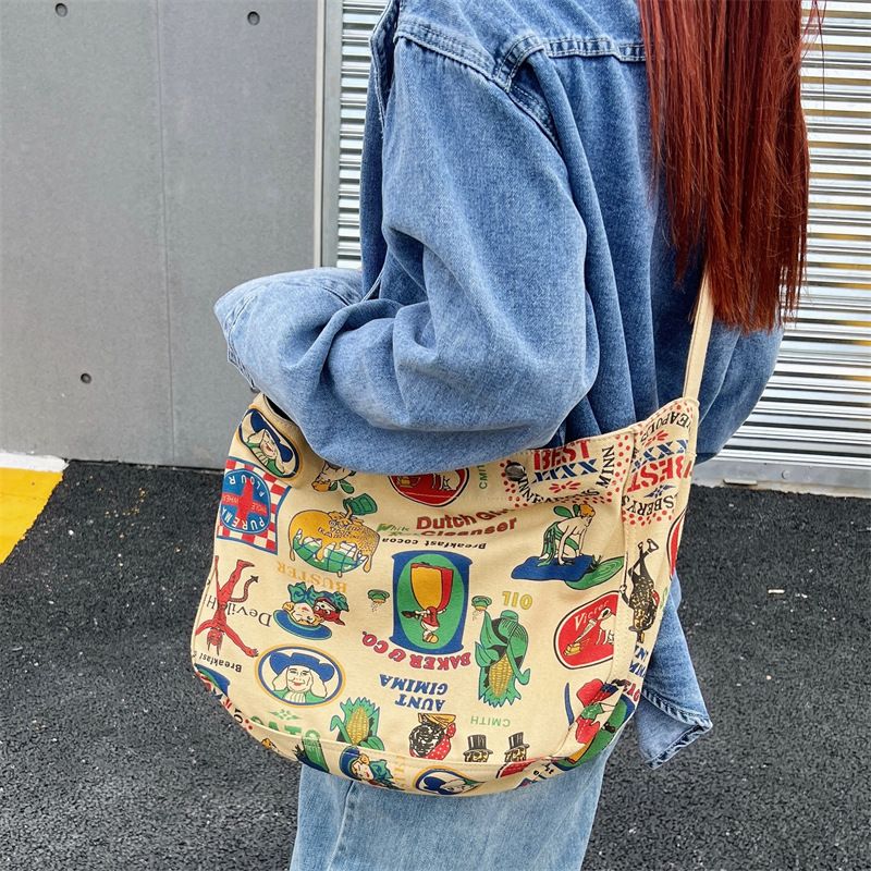 Borsa a tracolla casual in stile artistico da donna, borsa in tela stampata personalizzata, borsa tote di grande capacità per studenti universitari_voghion.com