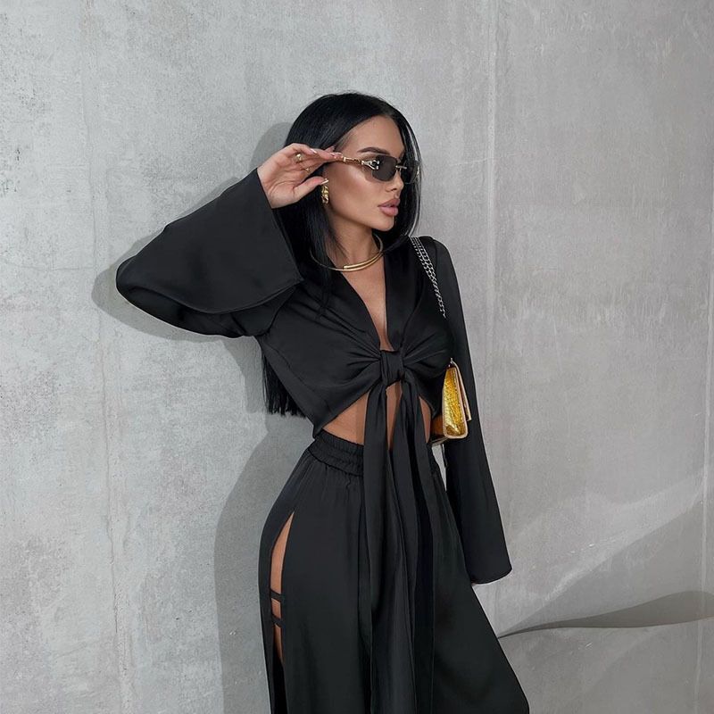 10756 Women's Fashion Sleeve Tie Short Top Hollow Out Split Long Pants Elegant Two-Piece Set_voghion.com