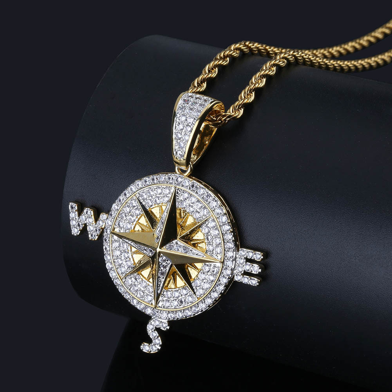 Estilo hip hop bússola estilo pingente personalizado cheio de zircão marca de moda acessórios colar masculino_voghion.com