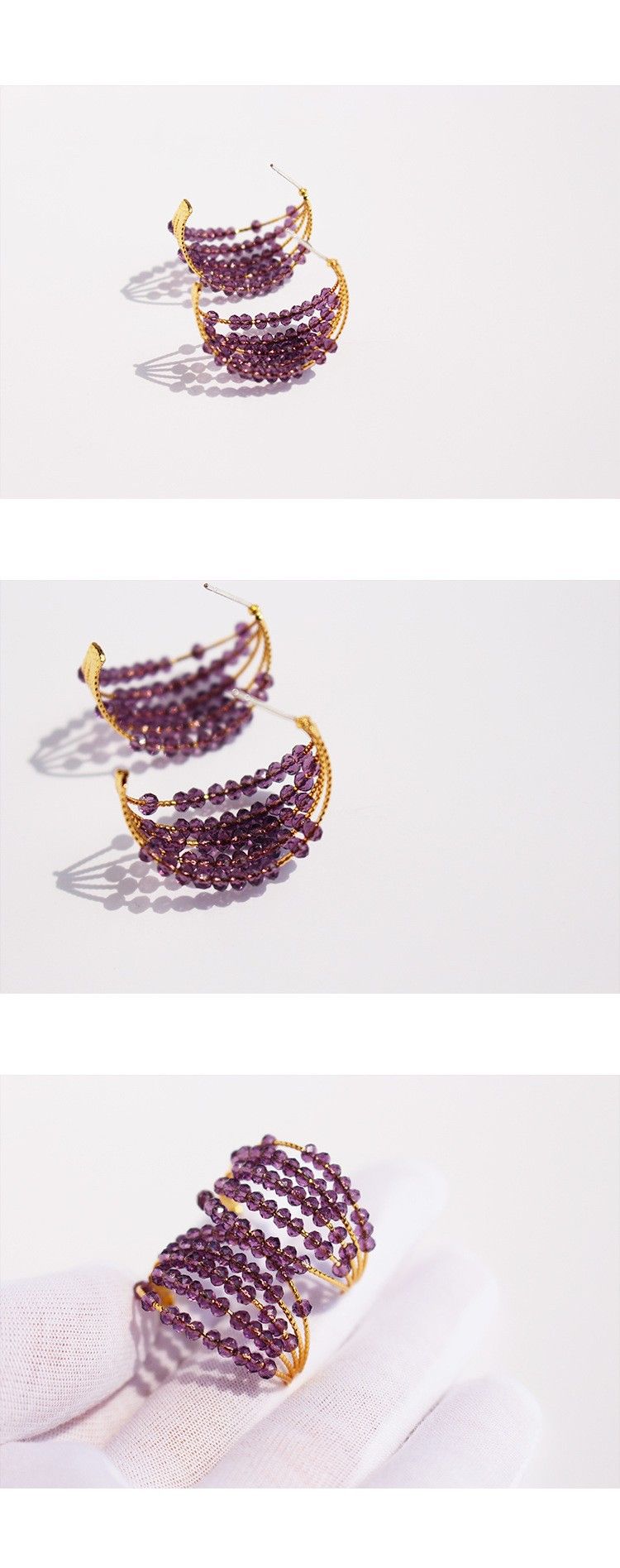 Orecchini da donna fatti a mano con perline di cristallo viola, orecchini a cerchio a C multistrato, accessori boho chic placcati in oro per l'estate_voghion.com