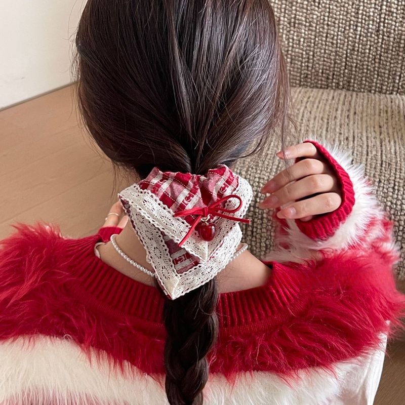 Autunno e inverno nuovo rosso plaid ciliegie intestino crasso fascia per capelli da donna elastico alto fiocco ciliegia quadrato asciugamano fascia per capelli_voghion.com