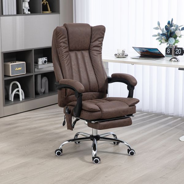 Microfiber High Back Office Chair Computer Chair With Heat 6 Points Adjustable Height Footrest Coffee_voghion.com