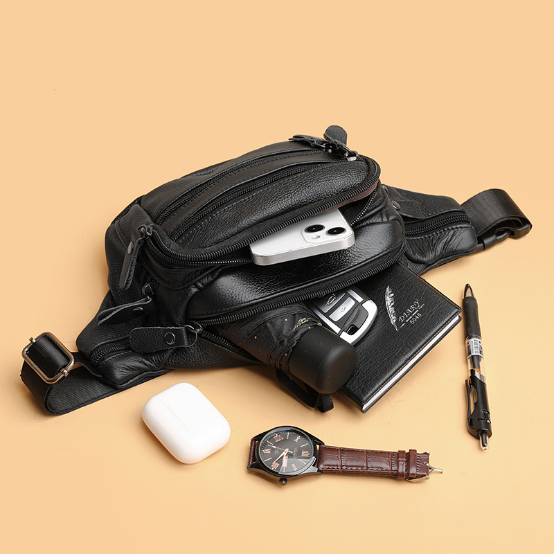 The first layer of cowhide men's bag real cowhide sports running waist bag men's waterproof large capacity multi-compartment chest bag wallet bags_voghion.com