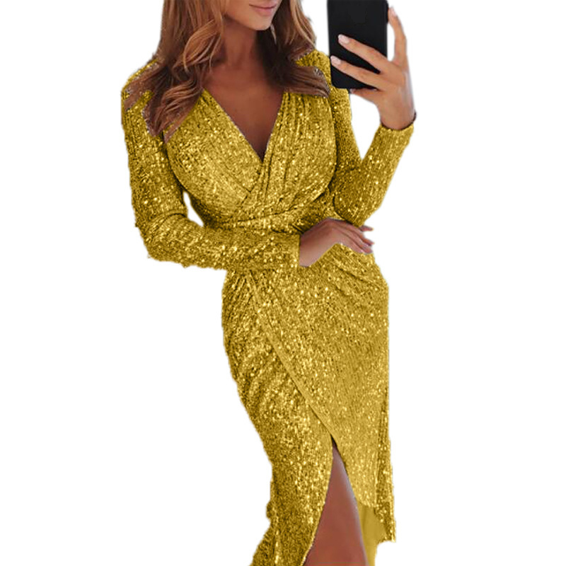 Abito midi da donna in oro metallizzato con scollo a V - Abito aderente a maniche lunghe con spacco alto (Abito da sera sexy, vestibilità attillata, per feste)_voghion.com