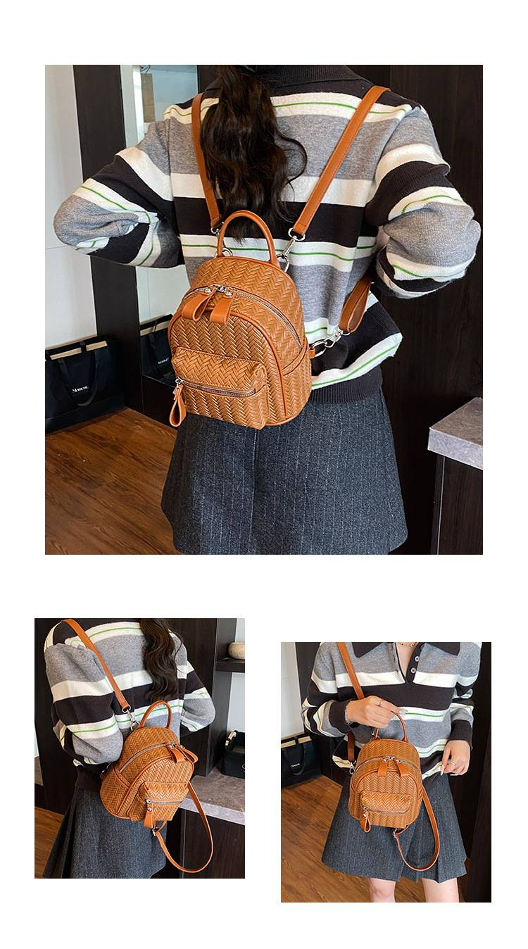 Casual Personalized Backpack With Woven Pattern And Double Zippers, Handbag With Dual Shoulder Straps_voghion.com
