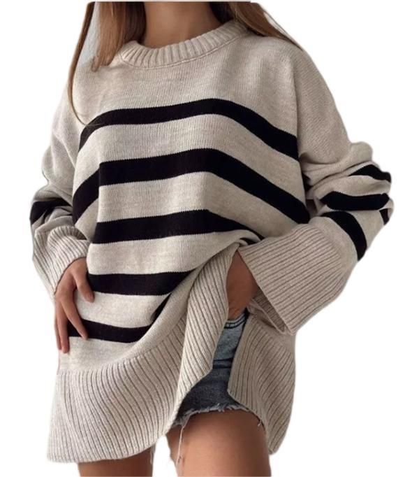 Abbigliamento da donna, maglione girocollo alla moda primaverile e autunnale da donna, classico, con orlo a righe e spacco sul davanti_voghion.com
