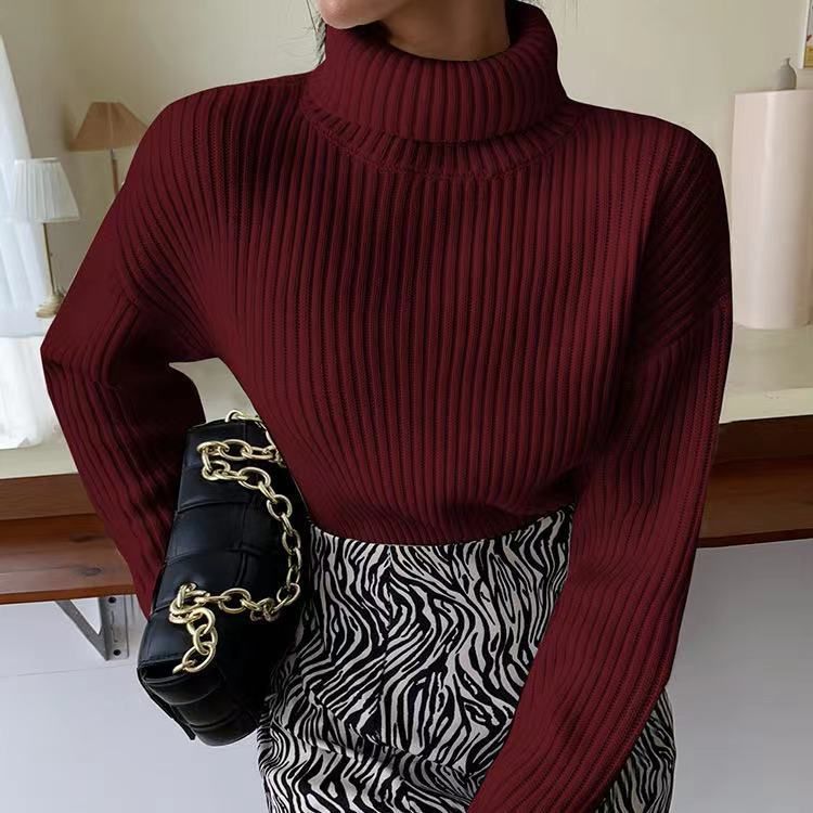 Women's Clothing autumn and winter red sweater Korean version solid color temperament commuting high collar pullover female loose long sleeved sweater_voghion.com