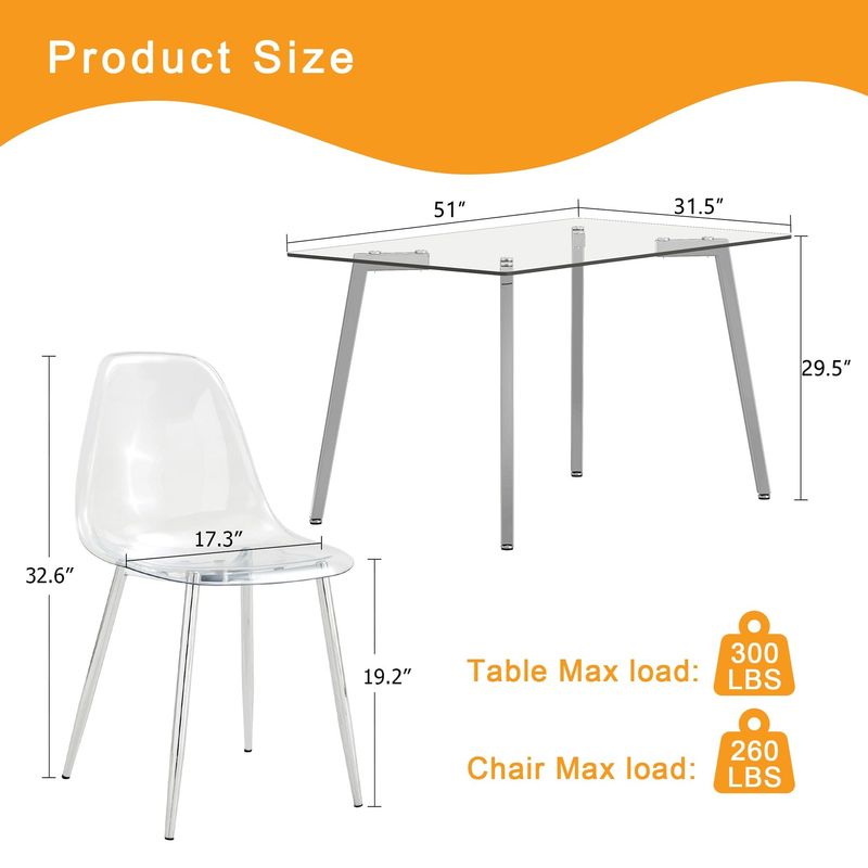 Table And Chair Set.51 * 31.5 Inch Silver Leg Glass Dining Table With 6 Transparent Dining Chairs: A Stylish Combination That Showcases Elegant Style._voghion.com