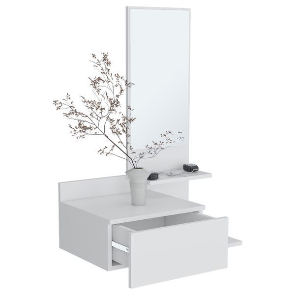 Vienna 23.6' Wide 3-Tier Shelf Floating Mirror Console Table, Full Extension Drawer White_voghion.com
