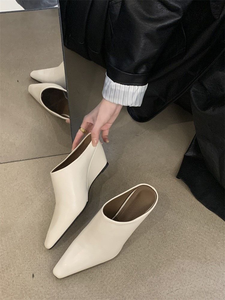 Pointed Half Slippers For Women, Small Square Toe Wedge High Sandals, Fashionable Outdoor Thick Heel Lazy Mules_voghion.com