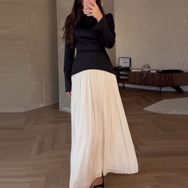 Damenbekleidung Rundhalsausschnitt Kontrastfarbe Splicing Rückengurt Schmales Kleid_voghion.com