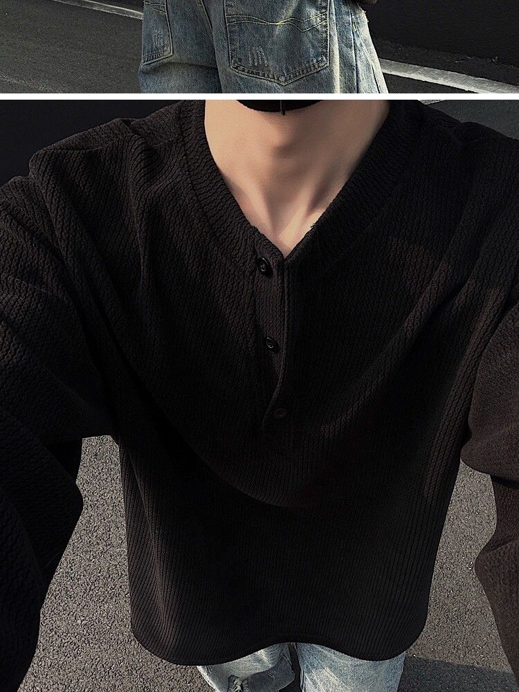 Herrenbekleidung Strukturiertes Langarm-T-Shirt Mehrlagiges Sweatshirt Einfarbiges Unterhemd_voghion.com