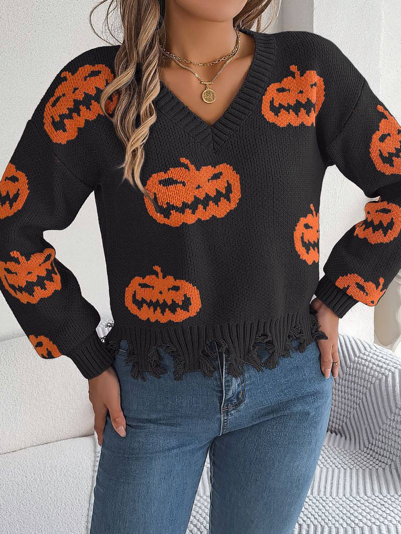 Autumn Winter Halloween Color-Block Pumpkin Cut Long Sleeve Pullover Sweater Women's Fashion_voghion.com