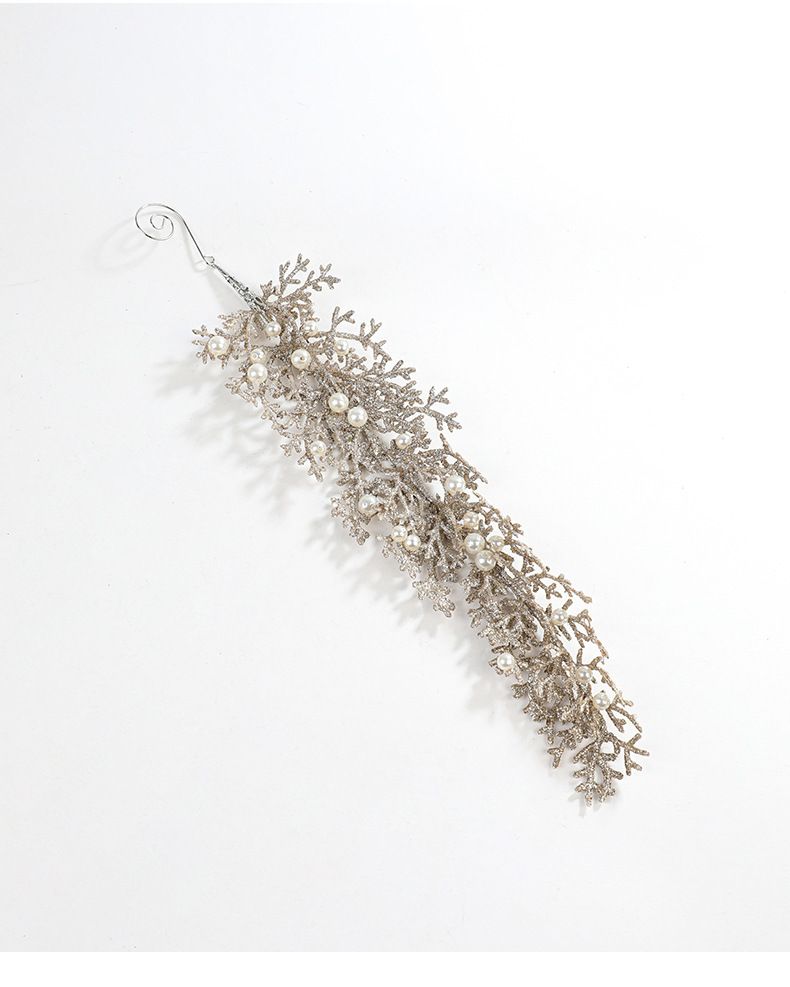 Ornements de Noël en forme de feuille de pin en plastique orné de perles couleur champagne doré – Décoration élégante et irrégulière à suspendre pour décorer votre sapin et votre intérieur pendant les fêtes._voghion.com