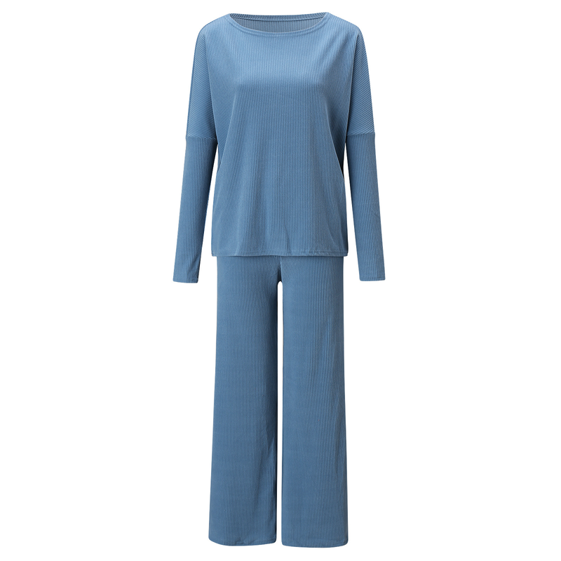 Dameskleding effen kleur ronde hals lange mouwen casual tweedelig pak_voghion.com
