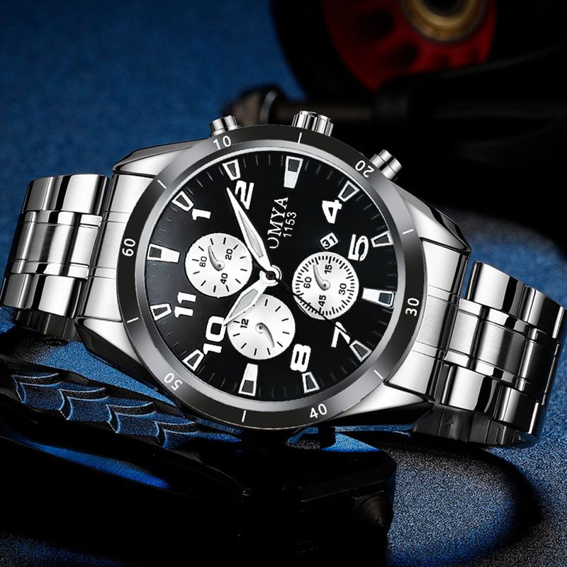 Módní vodotěsné pánské hodinky náramek sada pásek řemínek z nerezové oceli kalendář křemenné hodinky dárková krabička_voghion.com