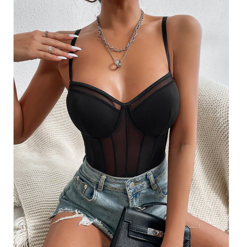 Mono sexy transparente con retazos de malla de encaje sin espalda para mujer_voghion.com