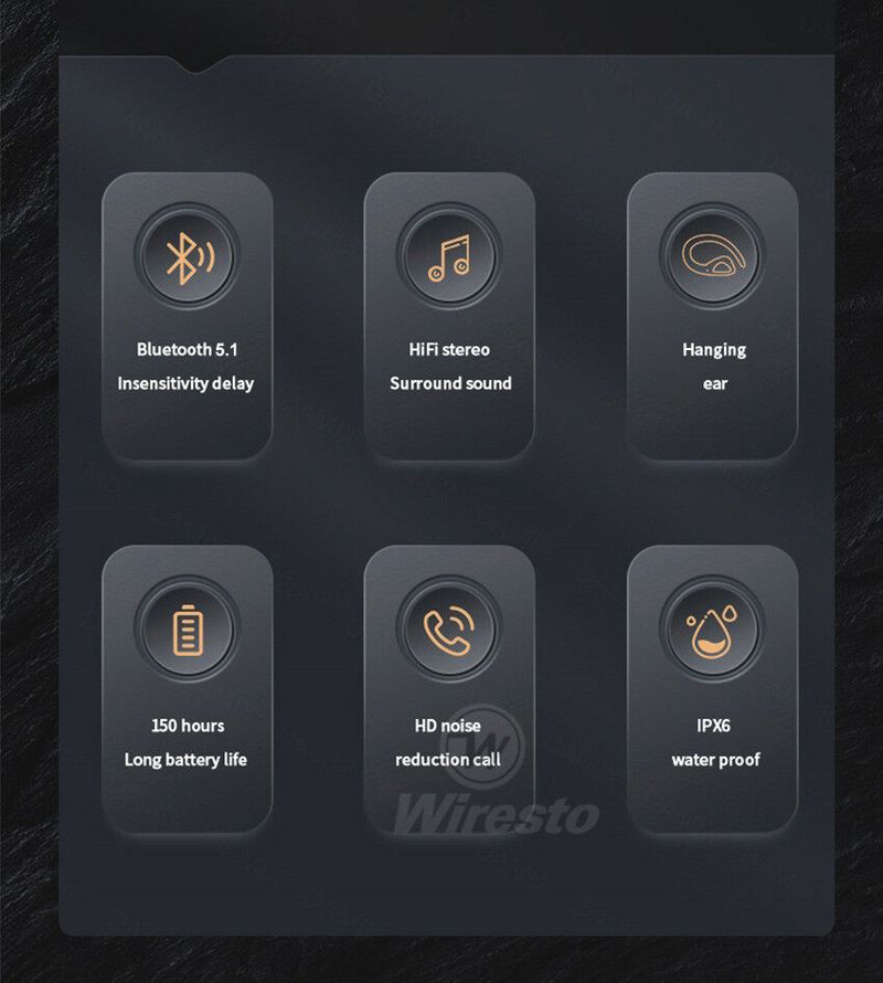 Auricolari wireless Wiresto TWS, auricolari Bluetooth 5.1, auricolari in-ear, auricolari con gancio, auricolari sportivi, cuffie anti-sudore_voghion.com
