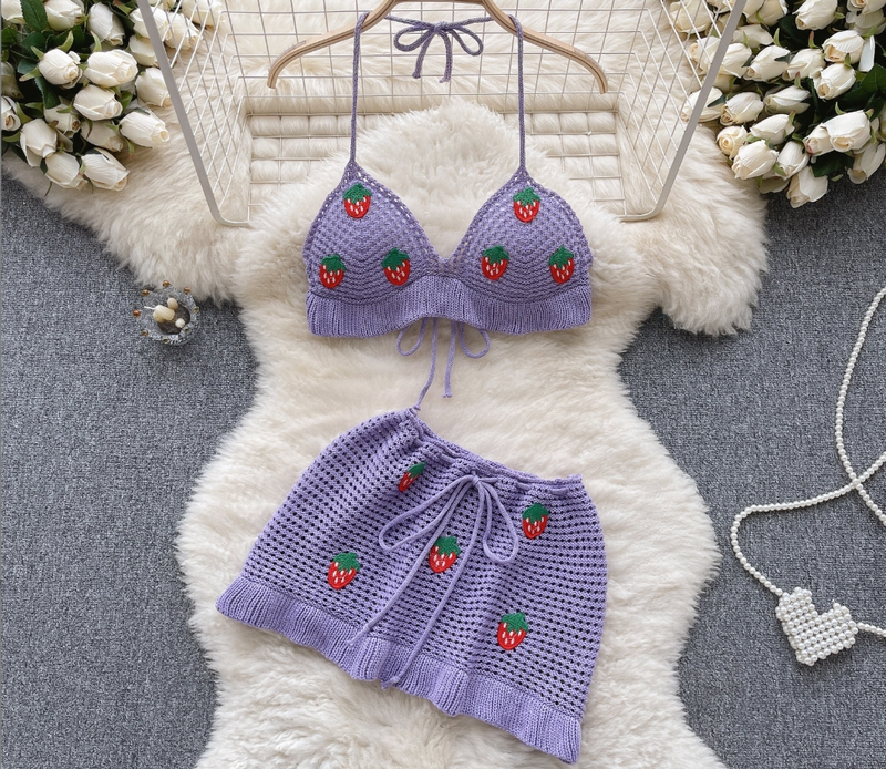 Strickanzug mit Blumenmuster und hohlem Haken für Damen im Urlaubsstil, süßer Neckholder-Unterhemd mit hoher Taille, zweiteiliger Minirock_voghion.com