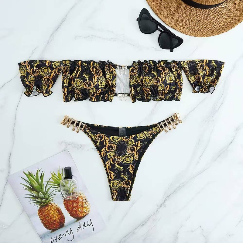 Sexy pleated lace up split swimsuit women's 2024 summer new seaside sexy off shoulder swimsuit two-piece set_voghion.com