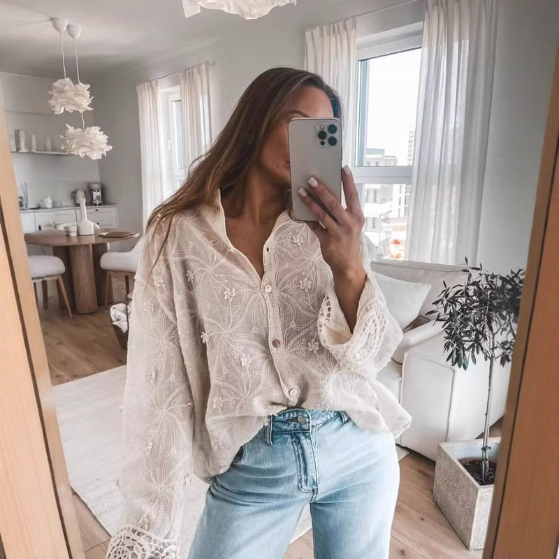 Ropa de mujer nueva camisa informal de algodón con bordado de encaje y costuras_voghion.com