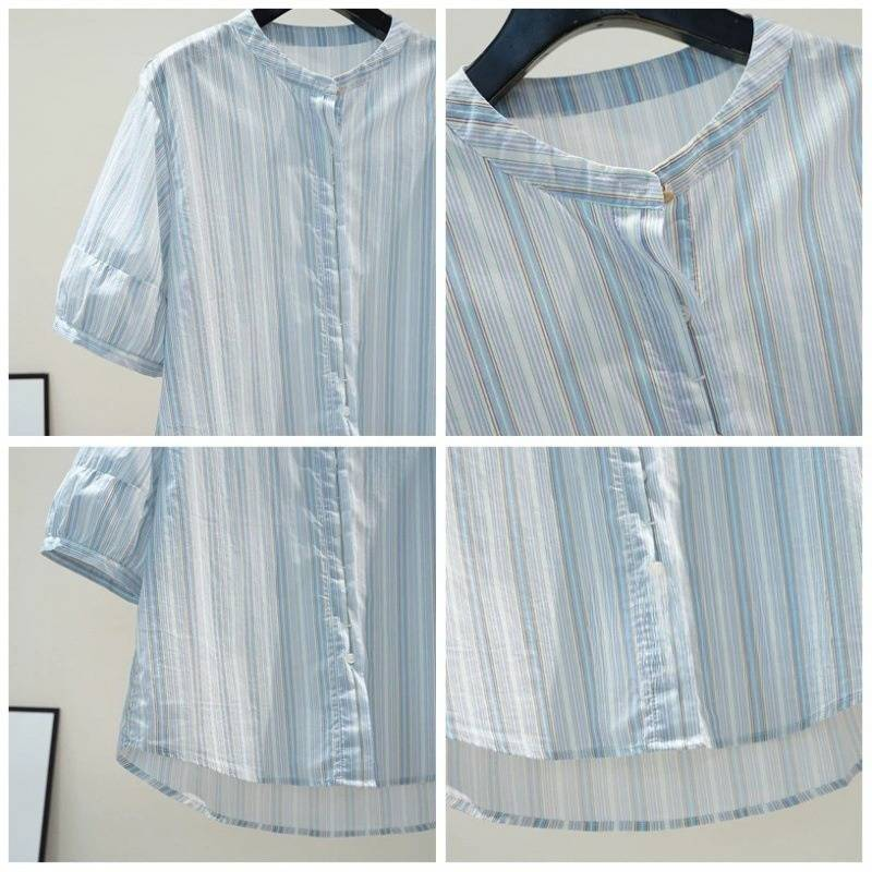 Abbigliamento da donna, piccola camicia a righe blu fresco, camicia ampia da donna con scollo rotondo e maniche medie, top estivo stile letterario 2025 con maniche a cinque punte_voghion.com