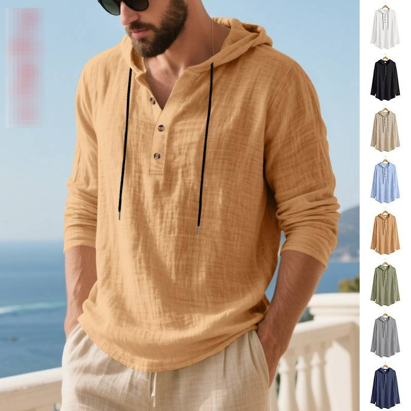 Herren-Kapuzenhemd aus Leinenmischung – Leichtes und atmungsaktives Langarm-Strandhemd (Schwarz/Grau/Armeegrün, lockere Passform, maschinenwaschbar)_voghion.com