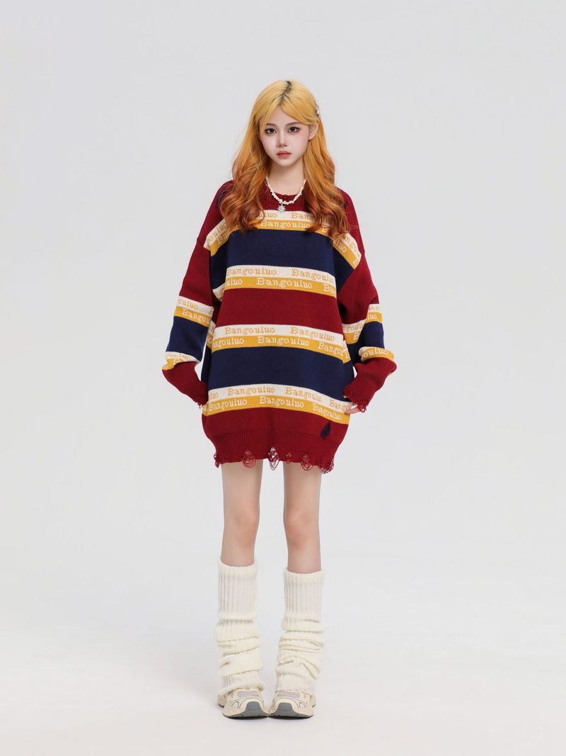 Maglione unisex oversize con ricamo di lettere, effetto consumato, in misto cotone traspirante, spalle scese, stile streetwear (colori e fantasie multiple)_voghion.com