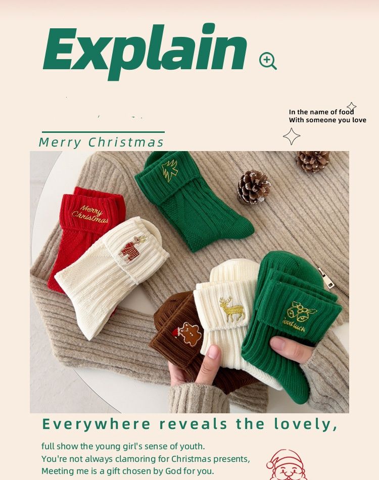 Calze di Natale, Calzini a metà tubo per bambini autunnali e invernali, Calzini rossi di cotone per Capodanno, Calzini alla moda con simpatici cartoni animati ricamati_voghion.com