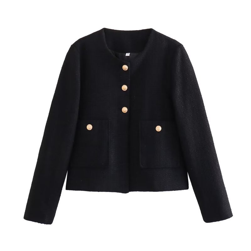 Elegante blazer corto da donna - Giacca in maglia testurizzata slim fit con scollo rotondo e chiusura con un bottone, bianco/nero/nero e bianco_voghion.com