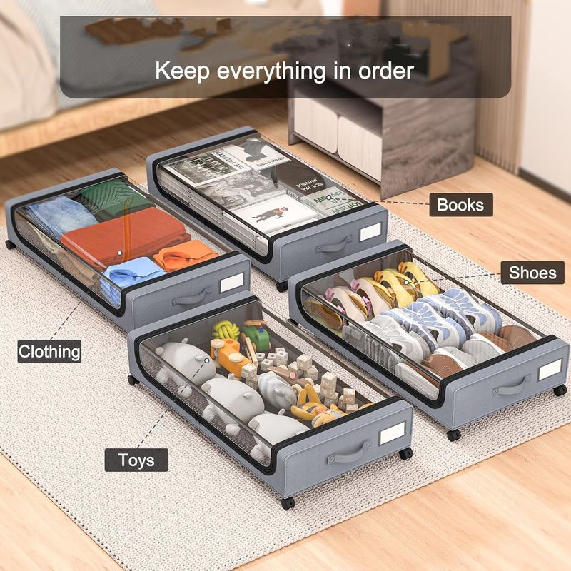 Arrumação embaixo da cama com rodas - Pacote com 2 gavetas de metal com rodinhas para sapatos e roupas, organizador compacto com alças, preto_voghion.com