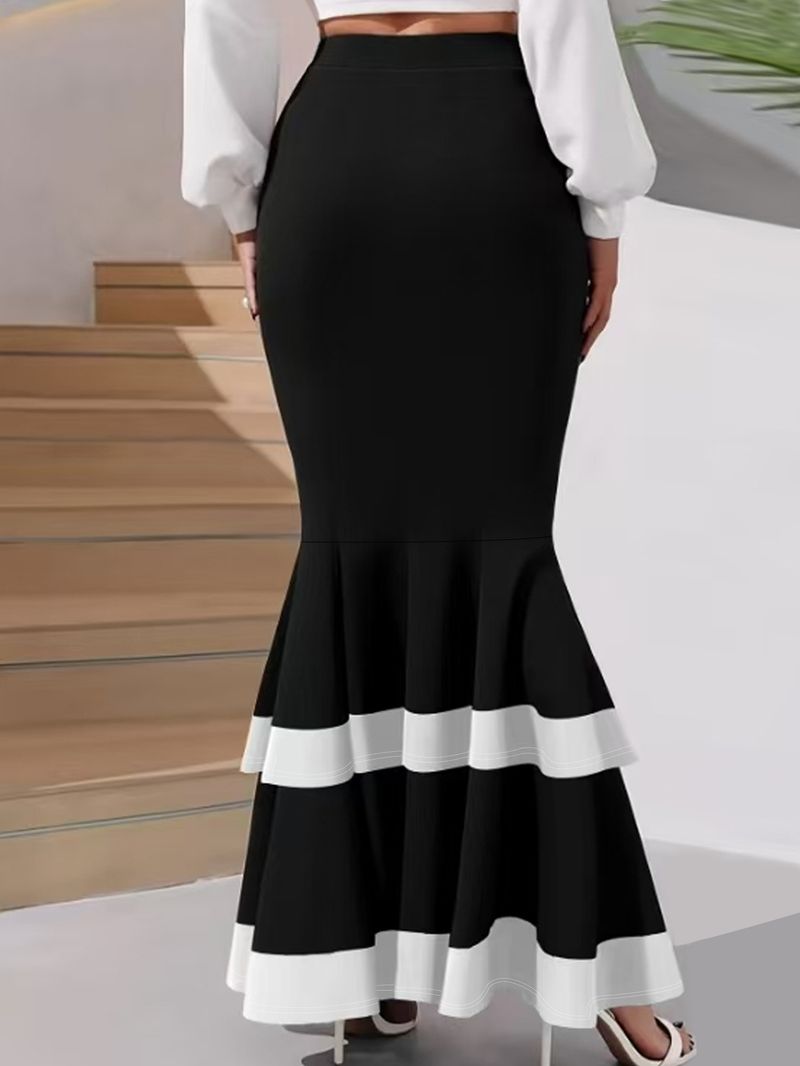 Gonna a strati a vita alta da donna - Elegante gonna a trapezio con orlo stretto per taglie forti - Nera_voghion.com