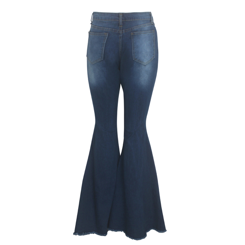 Modische Damenbekleidung mit weitem Bein, ausgewaschener, zerrissener Denim-Stretch-Schlaghose_voghion.com