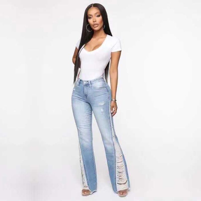 Damen Distressed High Waist Bootcut Jeans - Hellblaue Stretch-Jeanshose mit rohem Saumdetail, Übergröße erhältlich_voghion.com