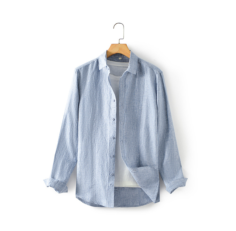 Herrenbekleidung Frühling Neue Leinen Herren Langarm Leinenhemd Lose Beiläufige Revers Einfarbig Leinenhemd E008_voghion.com