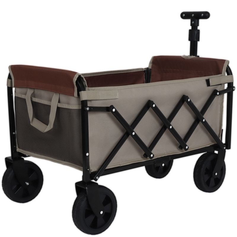 All-in-One Convertible Folding Camping Wagon Cart: Bench Seat, Storage Compartment & Included Dog Tether, Beige/Brown_voghion.com