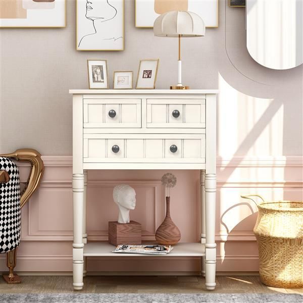 Narrow Console Table, Slim Sofa Table With Three Storage Drawers And Bottom Shelf (Ivory White)_voghion.com
