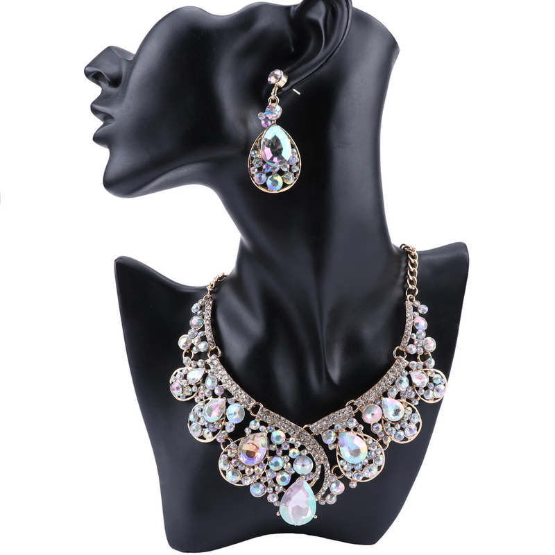 Modischer Kristall Choker Statement Halskette Ohrring Kragen Boho Schmuckset Hochzeitsgeschenk Frauen Bräute Abschlussball Party_voghion.com