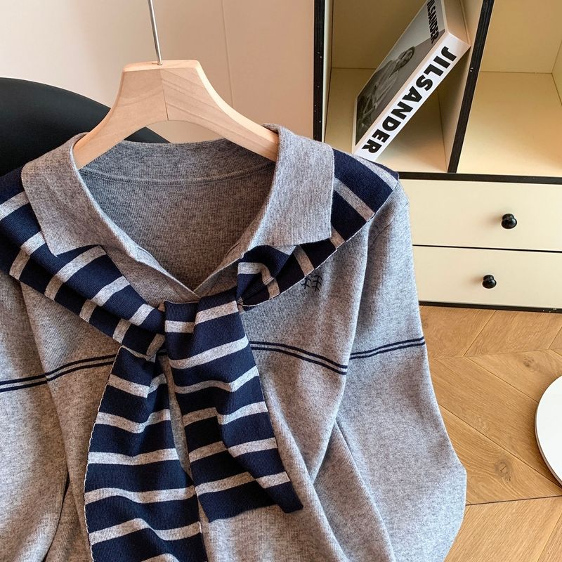 Korean Style Polo Lapel Sweater – Embroidered Pony & Striped Shawl Two-Piece Set (S/M/L/XL)_voghion.com